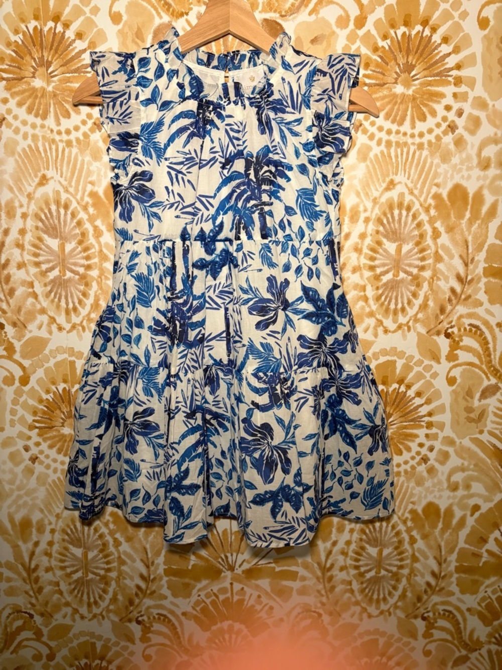 Girls Blue Tropical Print Dress | Ruffle Sleeve Summer Sundress | Size 10 - Picture 5 of 6